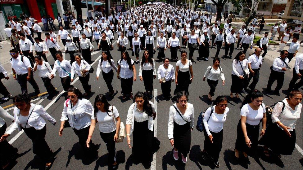 Followers of the Pentecostal church Light of the World take part in the "Youth With Values" walk along the main avenue of Guadalajara