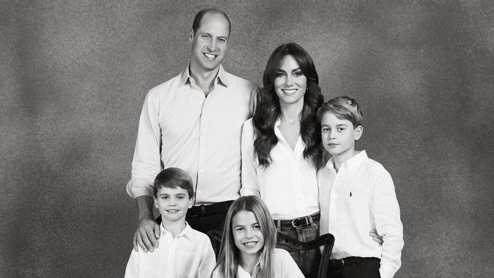 The Prince and Princess of Wales pose for their annual Christmas card picture, alongside their three children, George (R), Charlotte and Louis (L)