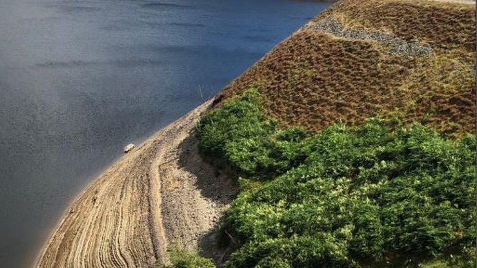 the car at the side of the reservoir