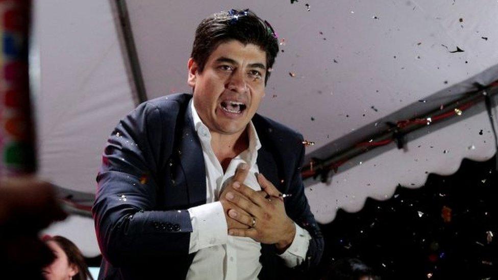 Candidate Carlos Alvarado of the ruling Citizens" Action Party (PAC) gestures during a rally after Costa Rica"s presidential election in San Jose, Costa Rica February 4, 2018.