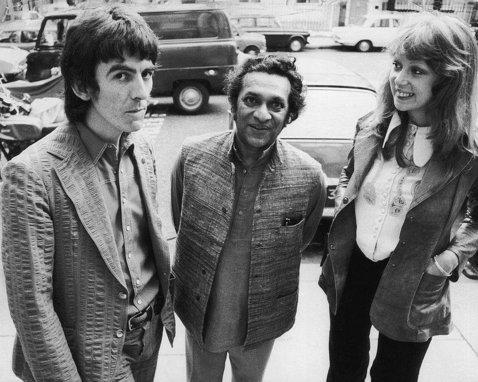 August 1972: Former Beatle George Harrison (1943 - 2001) with his wife, model Patti Boyd and sitar player Ravi Shankar (centre)