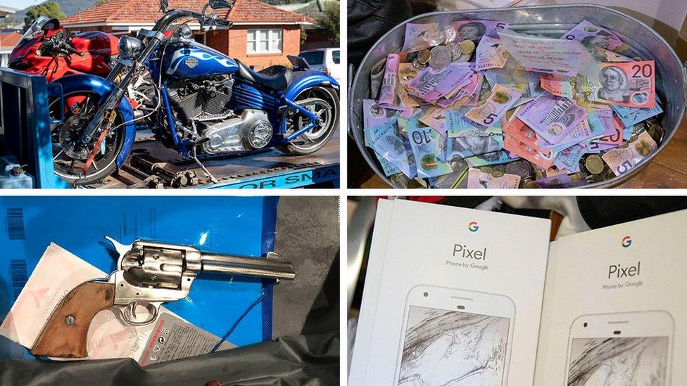 Composite photo shows items seized in the sting, including cash and a motorbike