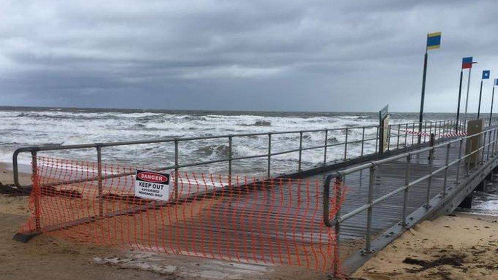 A cordoned-off Frankston Pier during stormy weather in August 2019