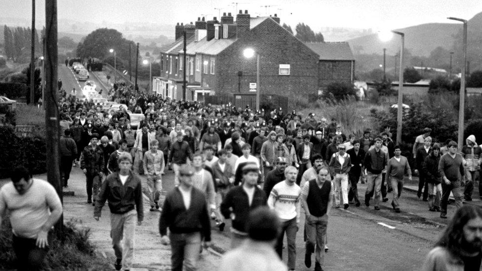 Striking miners in Kiveton Park, South Yorkshire