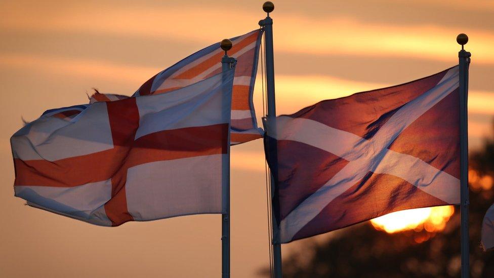 English, Scottish and Union flags