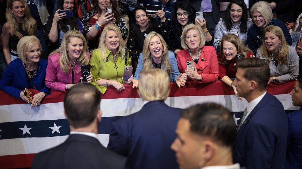 Republican presidential candidate and former President Donald Trump greets supporters after speaking at a Get Out The Vote rally at Winthrop University on February 23, 2024 in Rock Hill, South Carolina