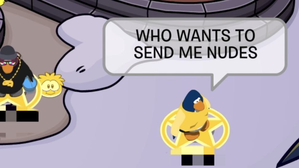 A penguin in a video game asking for "nudes"