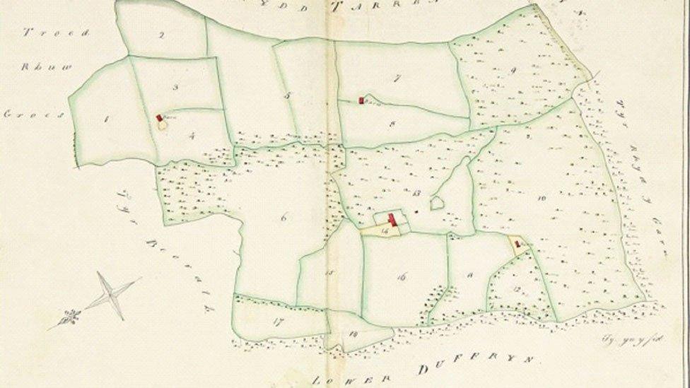 Map o Fferm Dyffryn Uchaf, Glyn Ebwy, a luniwyd gan gwmni Harford ym 1816