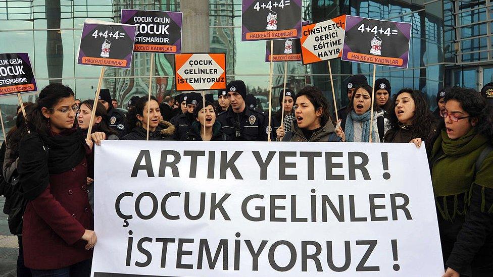 Demonstrators in Ankara, Turkey, with a banner reading: "Enough, we don't want child brides"