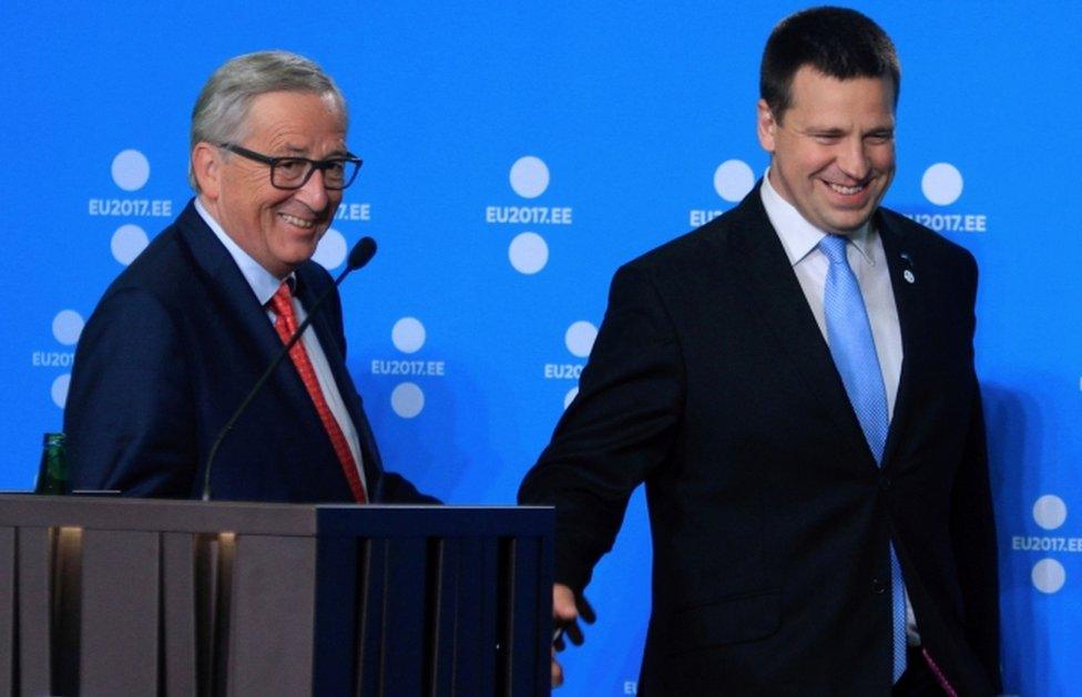 President of the European Commission Jean-Claude Juncker (L) and Prime Minister of Estonia, Jueri Ratas during a joint press conference to mark the start of Estonia's six month rotating EU presidency on 30 June 2017.