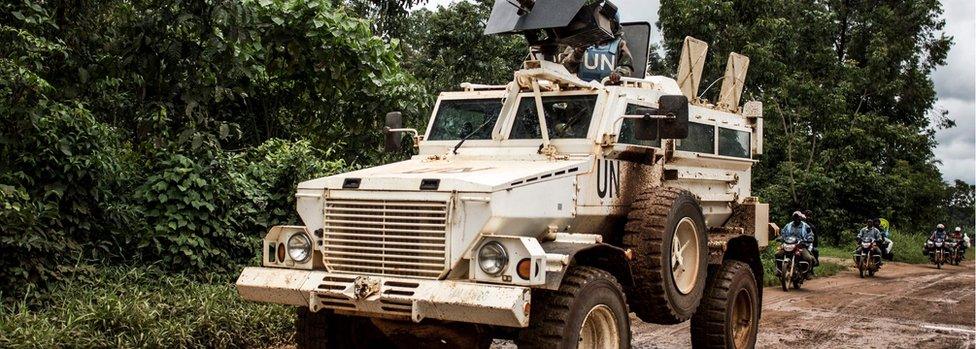 A military truck of the United Nations Organisation and Stabilisation Mission in the Democratic Republic of the Congo (MONUSCO) patrols on the road linking Beni to Mangina