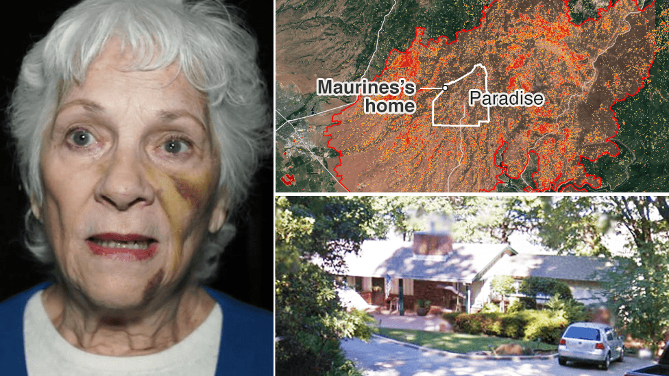 Photo composite showing Maurine and her house before the fire