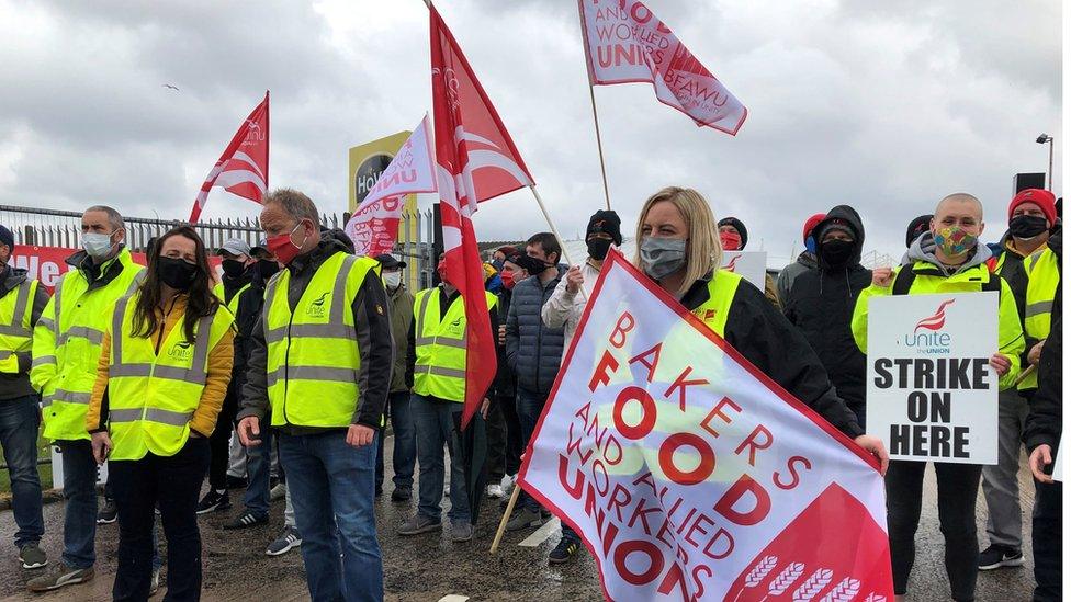 Hovis workers protest outside the Belfast factory