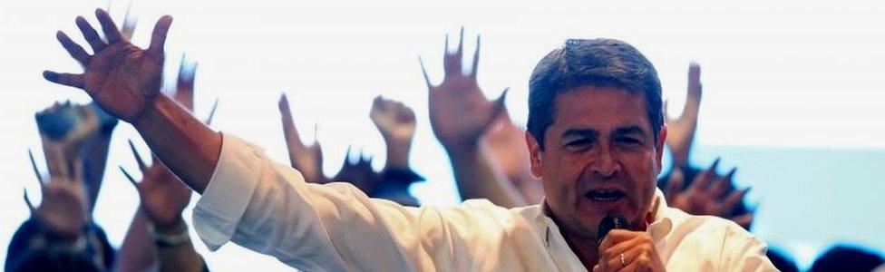 Honduras President and National Party candidate Juan Orlando Hernandez celebrates with supporters as he cited exit polls to declare himself winner in the presidential election in Tegucigalpa, Honduras, November 26, 2017