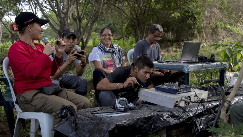 Members of FARC testing transmission equipment at a camp located in the Serrania del Perija, Conejo district, 7 Dec 2016