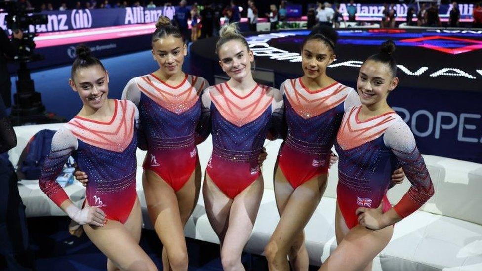 Britain's Jennifer Gadirova, Georgia-Mae Fenton, Alice Kinsella, Ondine Achampong and Jessica Gadirova pose for a picture during the women"s team final