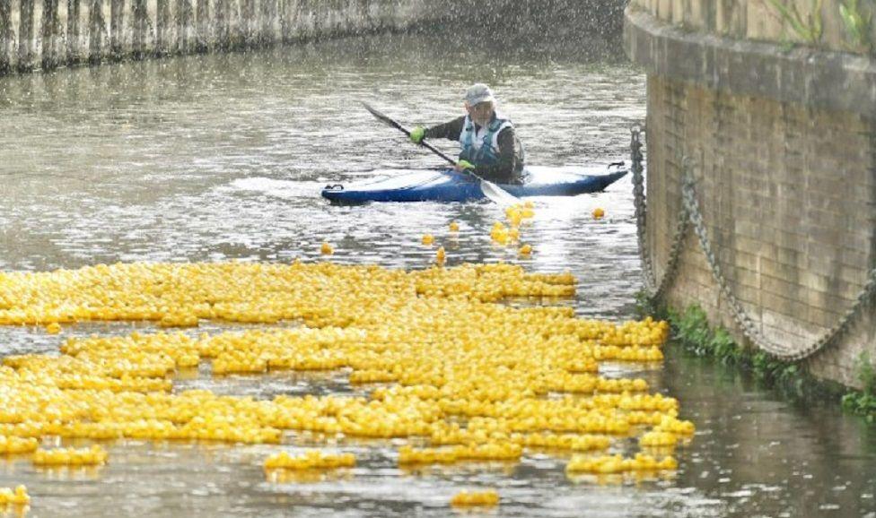 A person in a canoe can be seen behind the rubber ducks in the water as rain falls. 