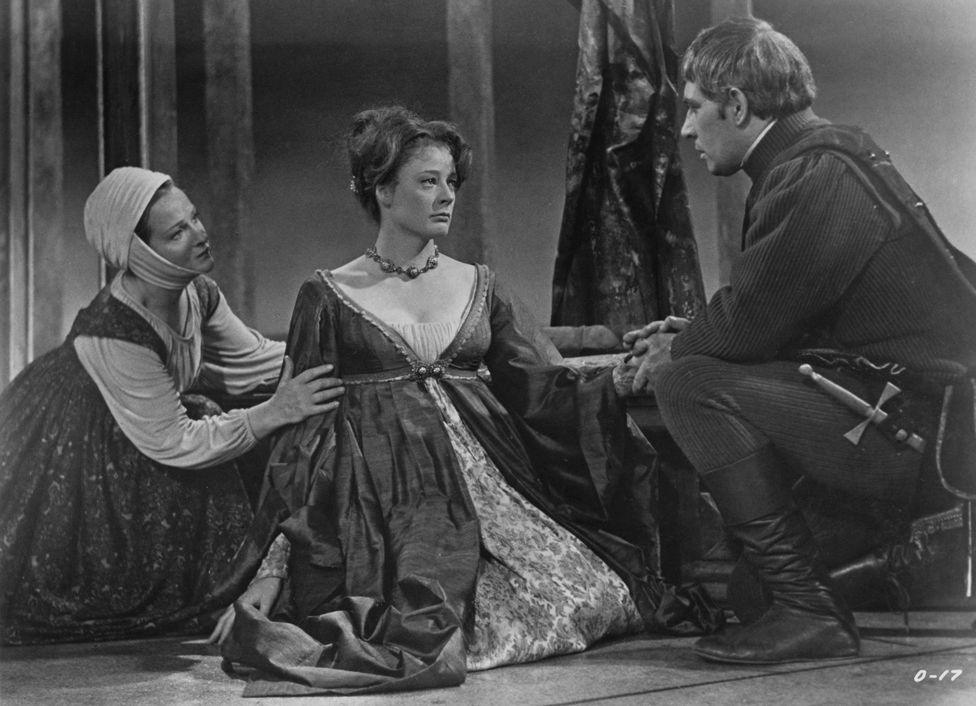 Joyce Redman as Emilia, Maggie Smith as Desdemona, and Laurence Olivier as Othello, in Stuart Burge's film version of Shakespeare's 'Othello', Shepperton Studios, Surrey, July 1965.