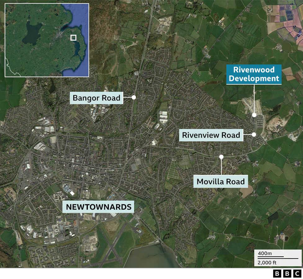 Map of Newtownards showing position of Rivenwood housing development