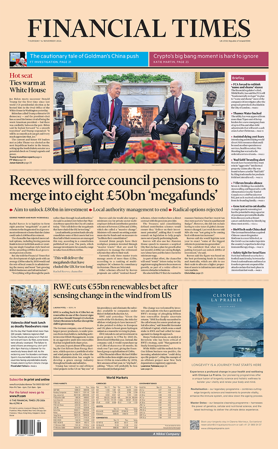 The headline in the Financial Times reads: "Reeves will force council pensions to merge into eight £50bn 'megafunds'". 