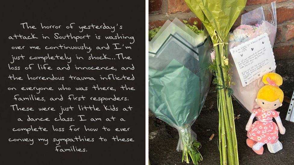 Taylor Swift's Instagram post, which reads: The horror of yesterday's attack in Southport is washing over me continuously and I'm just completely in shock... The loss of life and innocence and the horrendous trauma inflicted on everyone who was there, the families and first responders. These were just little kids at a dance class. I am at a complete loss for how to ever convey my sympathies to these families - and an image of three bouquets of flowers and a small yellow-haired doll left in tribute to the victims of the Southport knife attack