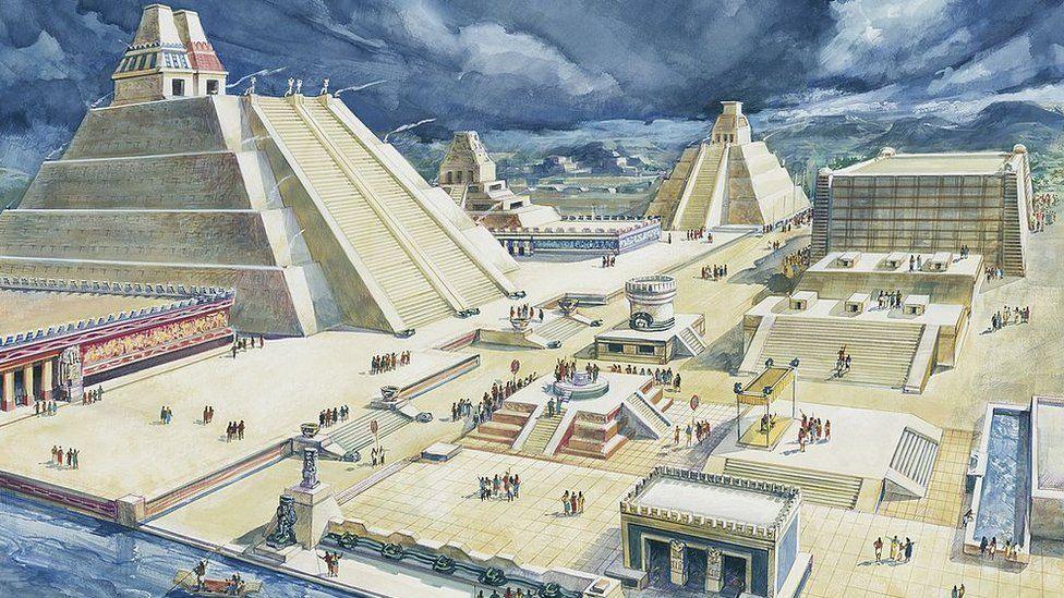 A drawing of what the Aztec Tenochtitlán square and Templo Mayor in Mexico might have looked like in the 15th century