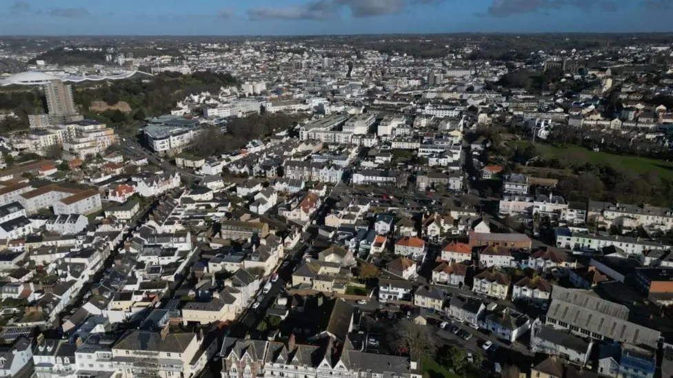 Streets, houses and rooftops in Jersey as seen from above