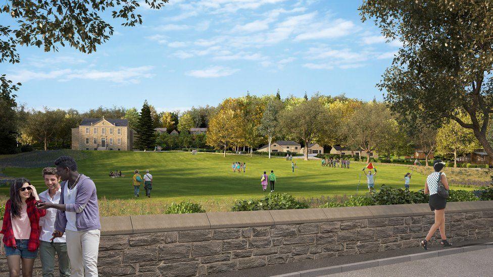 Art depicting the proposed Flamingo Land resort on the banks of Loch Lomond. People walk around a green field with modern houses and trees