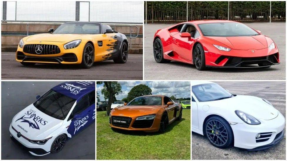 Composite of five high-performance cars which have been stolen from an airfield: a gold Audi R8, yellow and black Mercedes AMG, red Lamborghini Huracán, white and blue VW Golf Club Sport and white Porsche Cayman