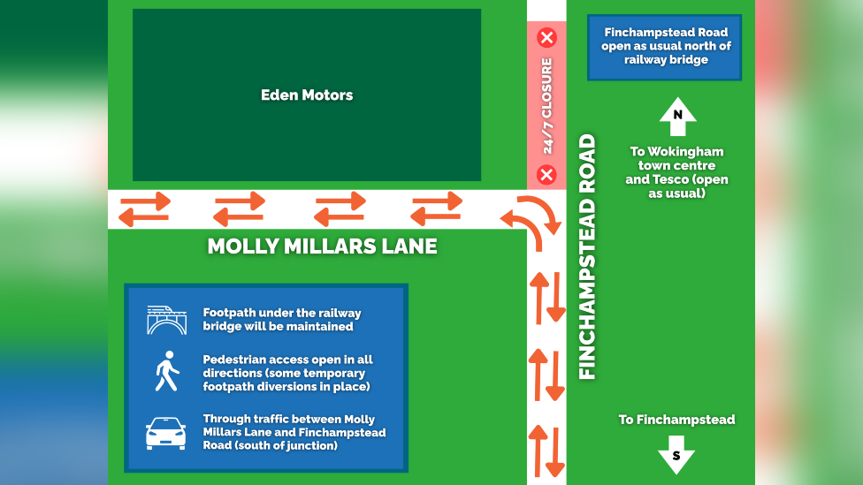 A diagram that explains the work in Molly Millars Lane and Finchampstead Road in Wokingham produced by Wokingham Borough Council.