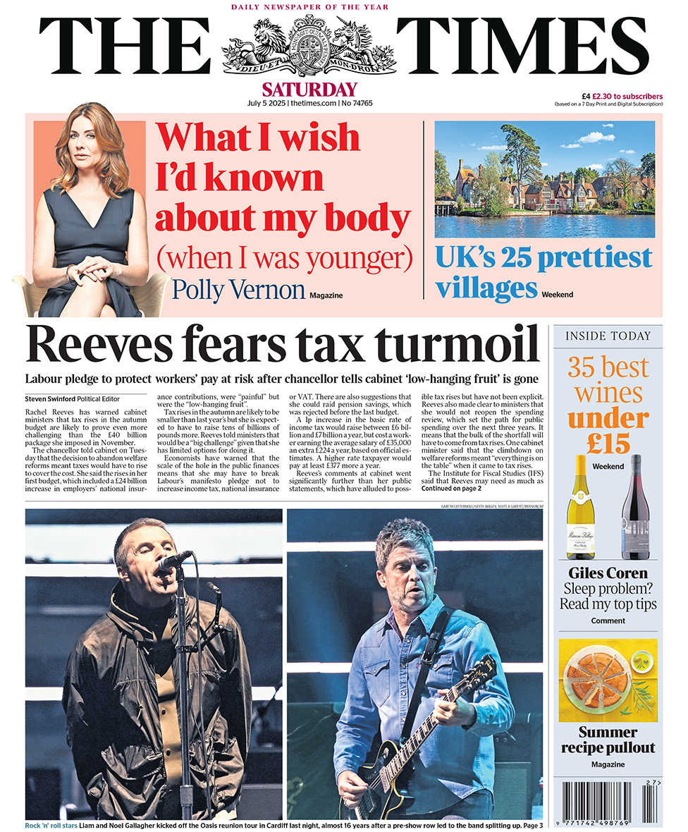 The Times headlines "Reeves fears tax turmoil"