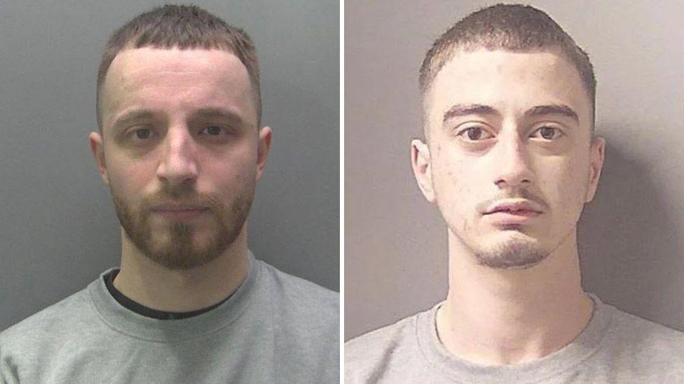 Police custody mugshots of Kleart Xhaferaj (left) and Xhoni Lazaj (right). Both are wearing grey T-shirts and looking at the camera
