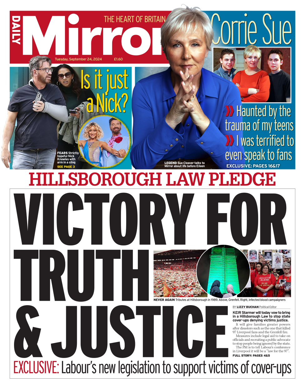 The front page of the Daily Mirror. The headline reads: 'Hillsborough law pledge: Victory for truth and justice'.