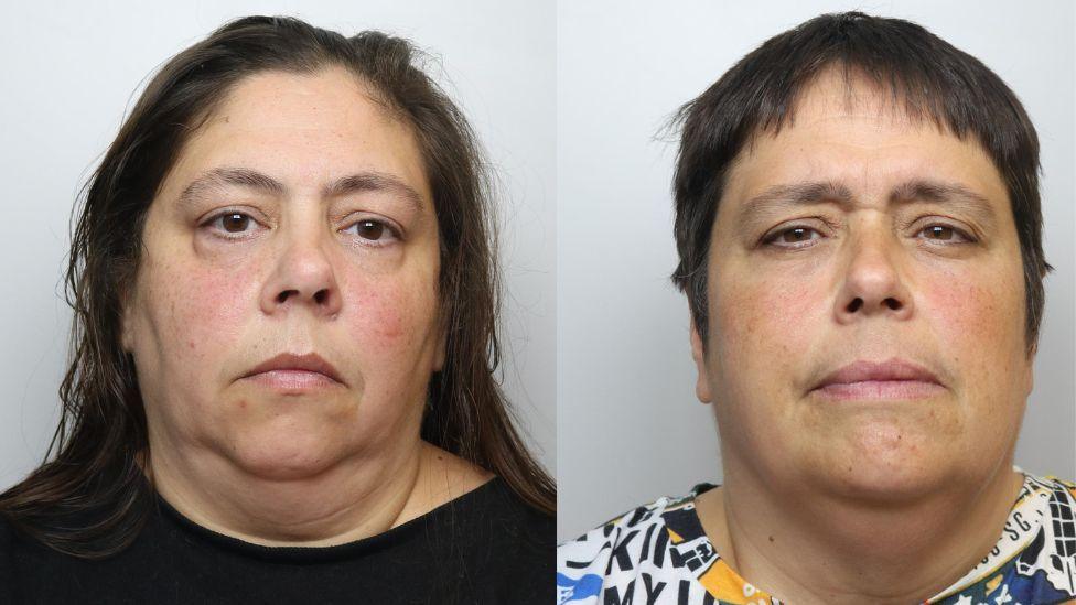 A pair of police mug shots featuring two dark-haired women, aged in their 50s. The one on the left has shoulder-length hair, while the one on the right has short hair.