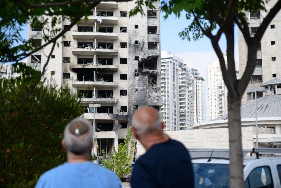 A building which was directly hit in Petah Tikva following an Iranian ballistic missile barrage