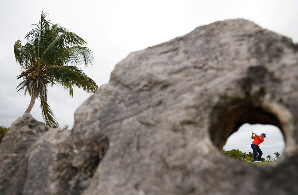 Daniel Summerhays hits a tee shot on the fourth hole of his second round at the Bahamas Great Abaco Classic. Photo by Johnnie Izquierdo