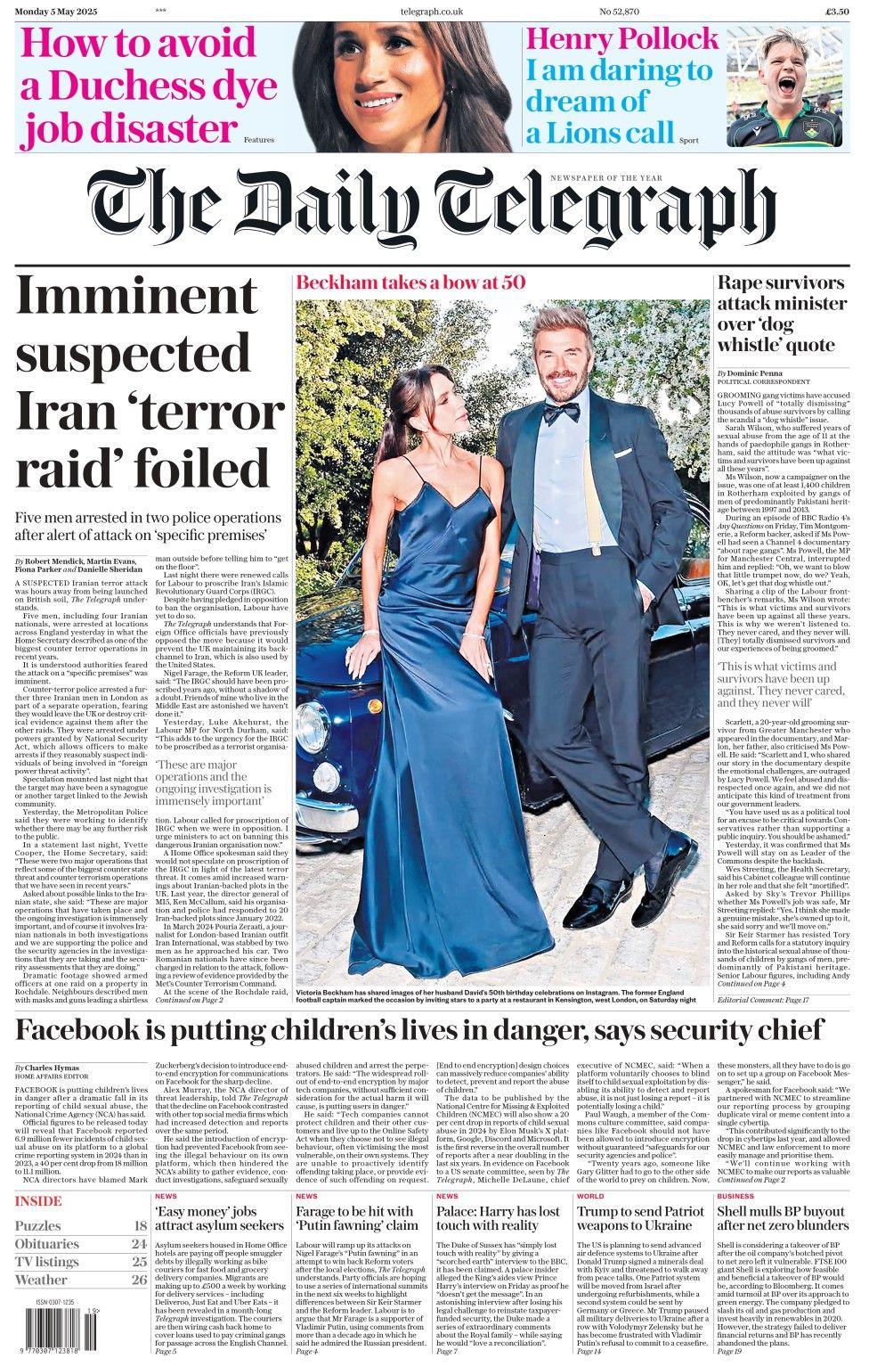 The headline in the Daily Telegraph reads: Imminent suspected Iran 'terror raid' foiled