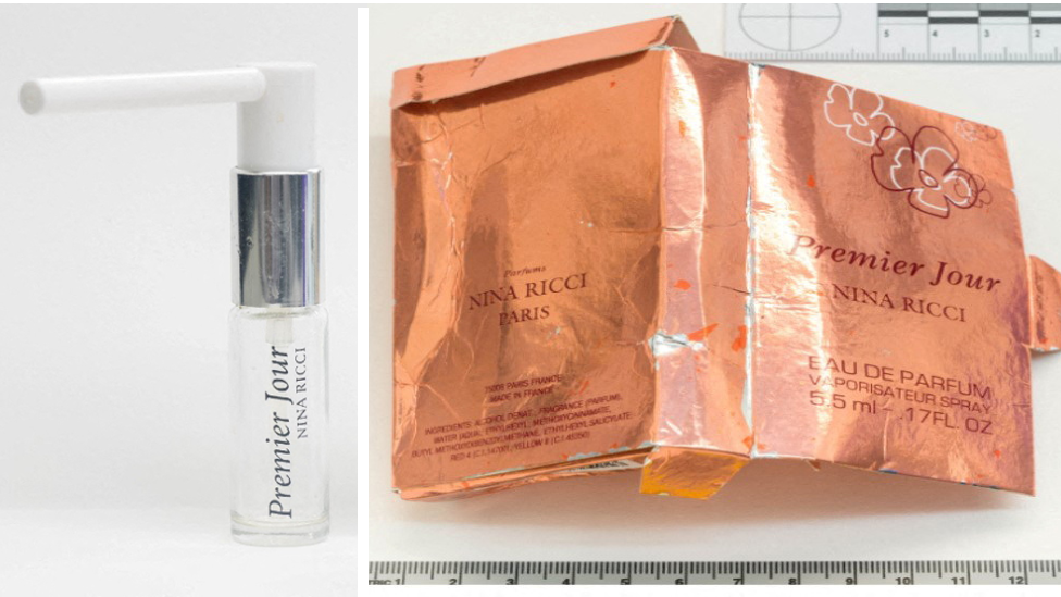 On the left there is a cylindrical clear perfume bottle with a long white nozzle. On the right there is rose gold packaging from the same counterfeit perfume bottle.