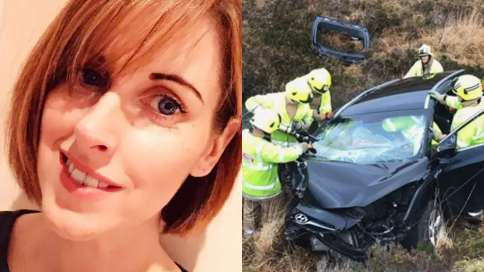 Left: Sharon Anslow smiling at the camera. Right: The car in the ditch surrounded by firefighters in hi-viz jackets.