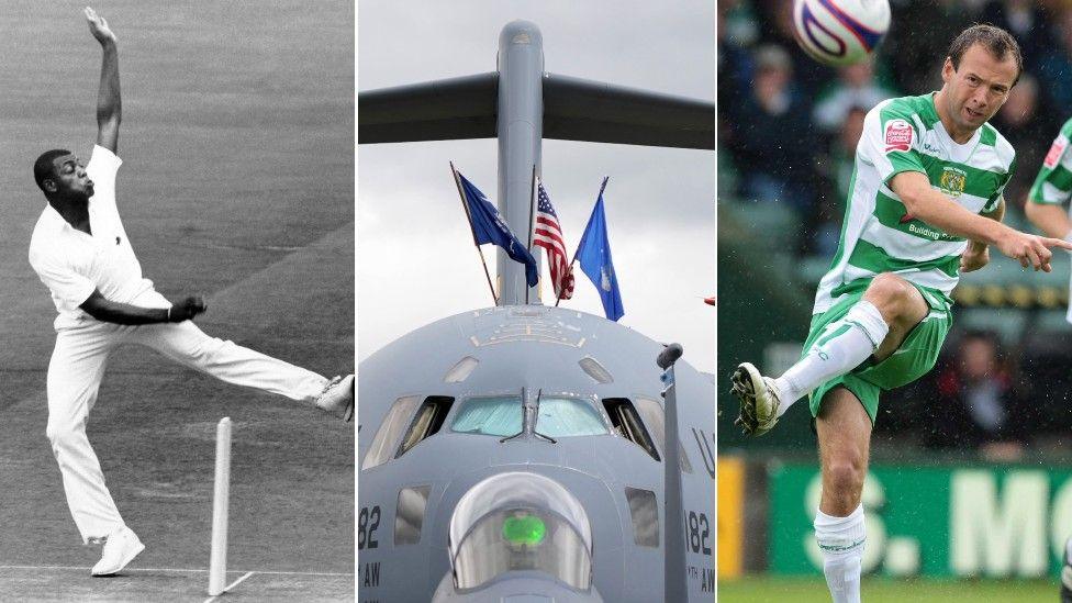 A black and white image of Syd Lawrence bowling in a cricket team, a large grey US military plane and Marcus Stewart kicking a ball during a game.