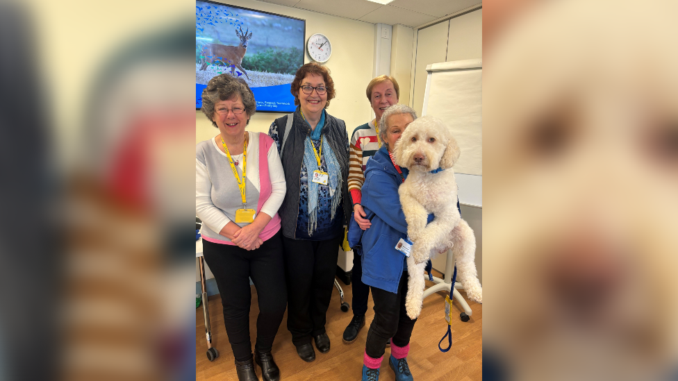 Four women volunteers pose for a picture, with one of them holding up a white dog