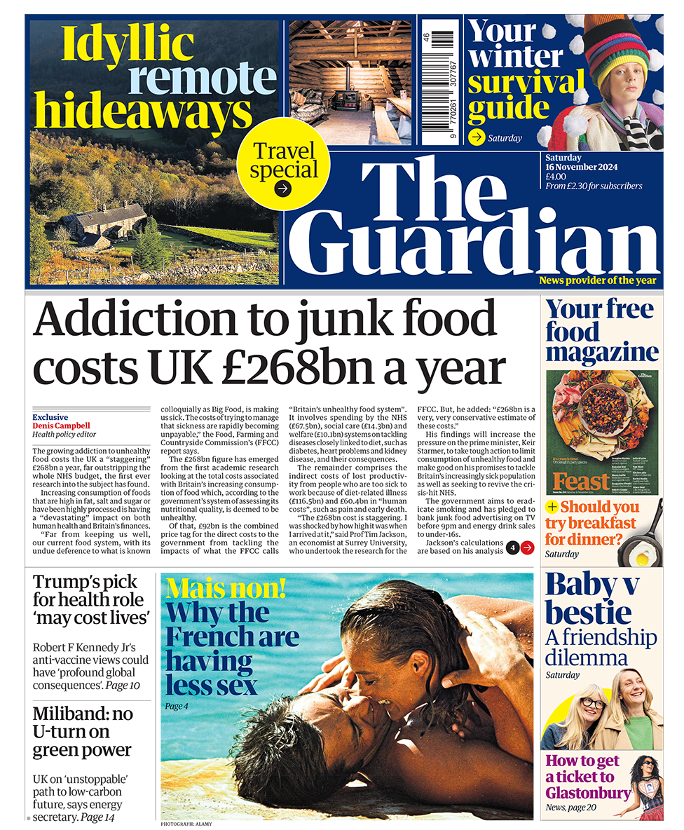 "Addiction to junk food costs UK £268bn a year" headlines the Guardian