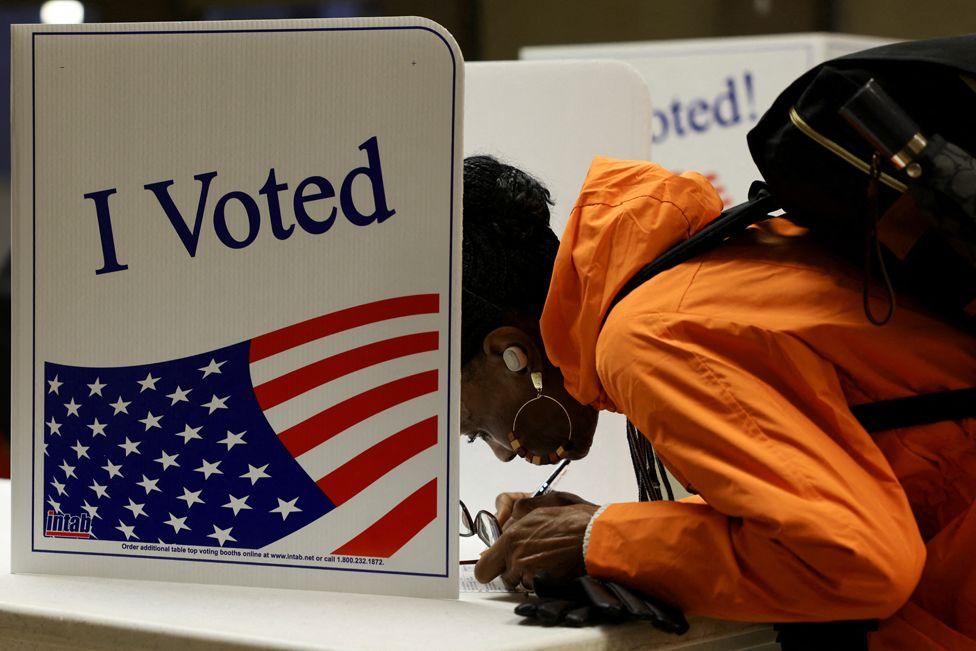 A person votes in the 2024 presidential election on Election Day, at Pittsburgh Manchester School in Pittsburgh, Pennsylvania, 5 November 2024 
