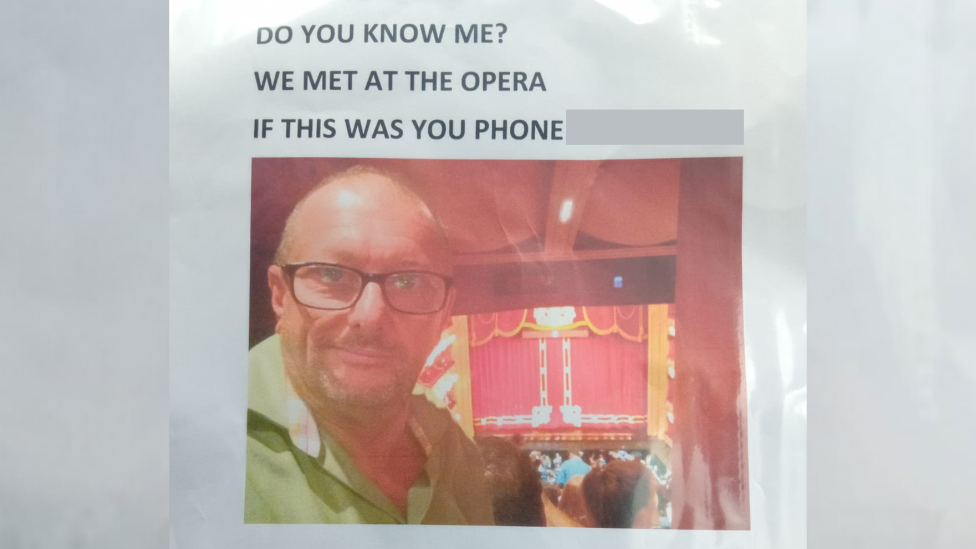 A poster with Jim Connelly's photo and phone number on it. It reads: "Do you know me? We met at the opera. If this was you phone..."