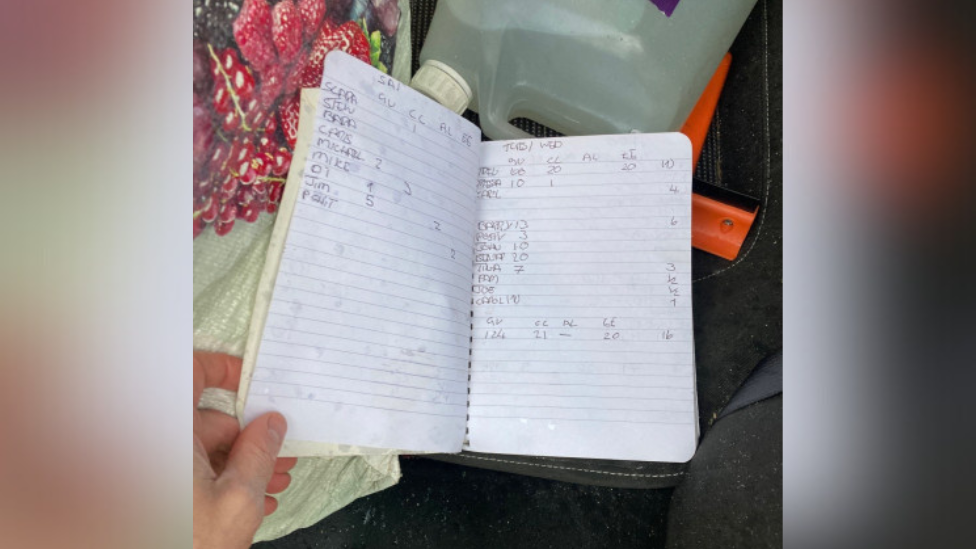 A white notepad on the back of a car seat, with various pieces of information recorded.