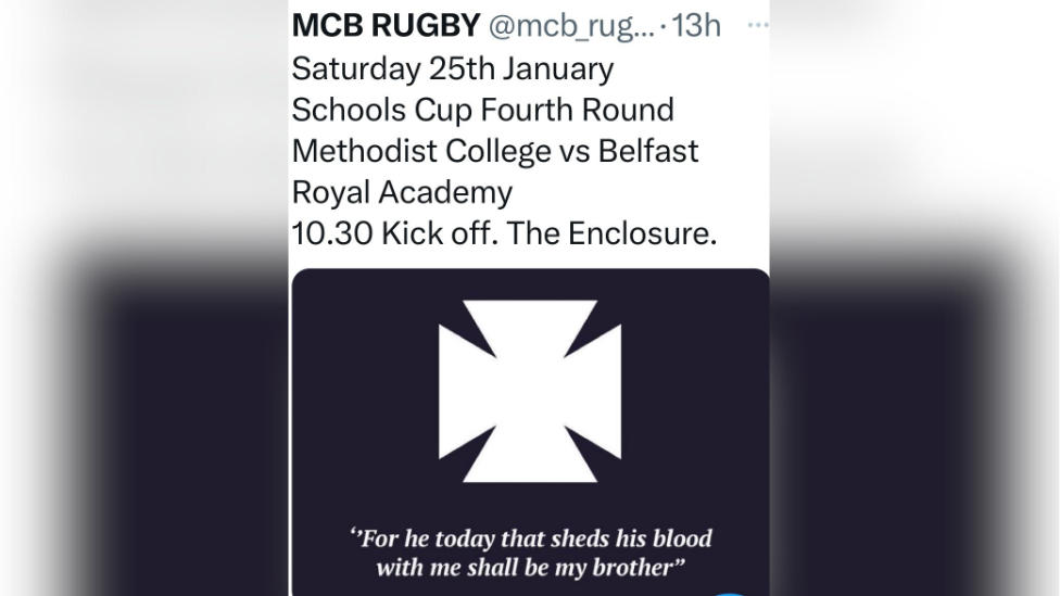 A Facebook post from MCB Rugby. The post says, in black writing on a white background, "Saturday 25th January Schools Cup Fourth Round Methodist College vs Belfast Royal Academy 10.30 Kick off. The Enclosure."
A white Maltese cross sits on a navy background. In white writing a quote says "For he today that sheds his blood with me shall be my brother."