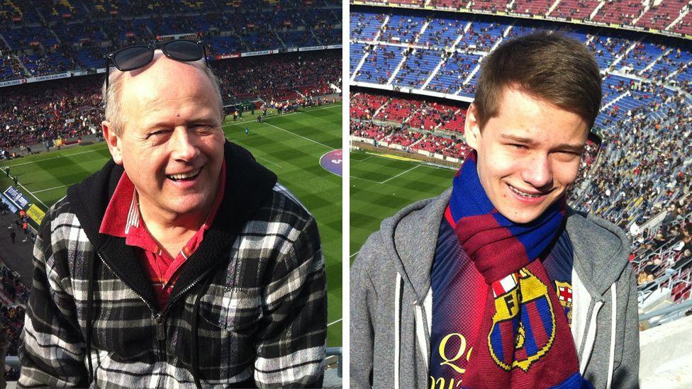 Brian is in a check jacket and has sunglasses on his head. His son, Kieran, is wearing a football scarf and grey top. They both have the inside of the football stadium in the background.
