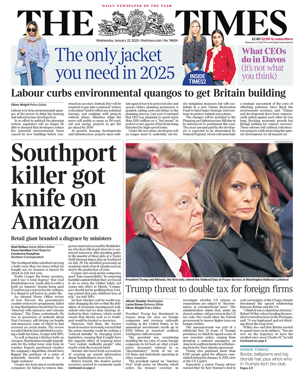 The headline in the Times reads: "Southport killer got knife on Amazon". 