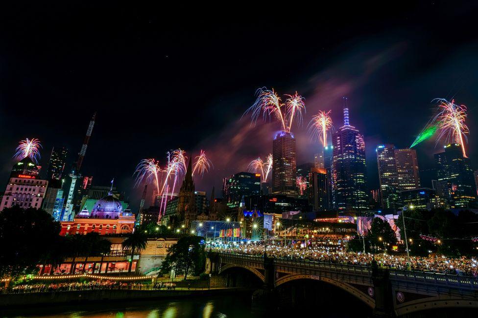 A general view of new years fireworks and light-show looking towards the central business district on January 01, 2025 in Melbourne, Australia. 