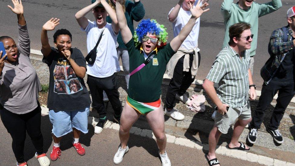 Fans line the route during the Rugby World Cup 2023 Springbok Trophy Tour in on November 02, 2023